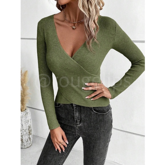 Green Rib-Knit V-Neck Overlapping Surplice Faux Wrap Light Sweater Top - Picture 5 of 7